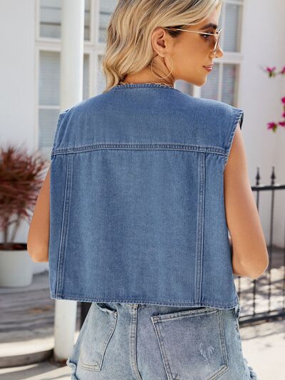 Western Inspired Pocketed Button Up Sleeveless Denim Vest Jacket