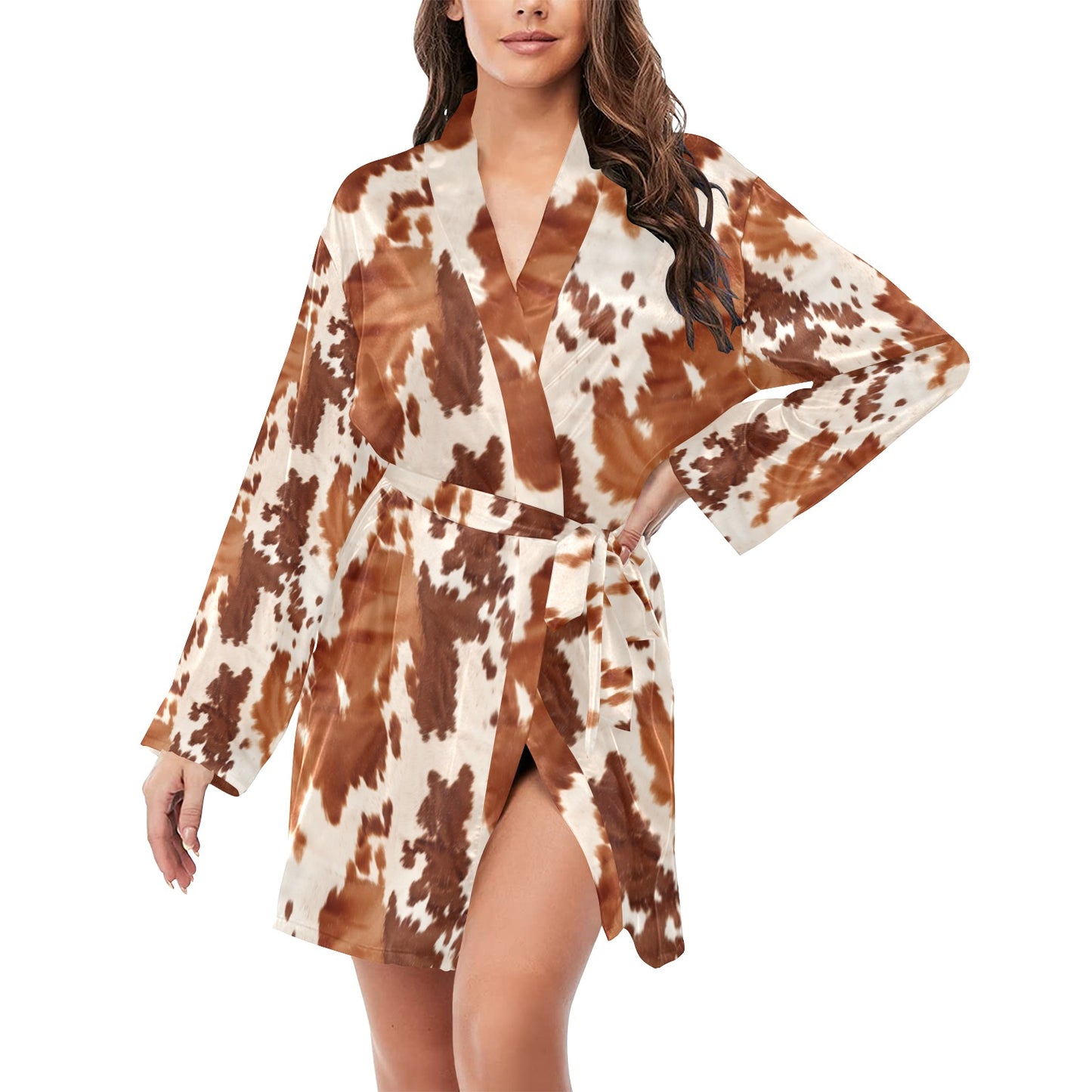 Light Brown Cow Print Women's Long Sleeve Belted Satin Feel Dressing Lounge Robe