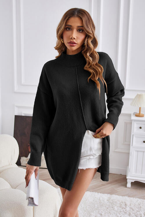 Exposed Seam Mock Neck Slit Sweater choice of colors