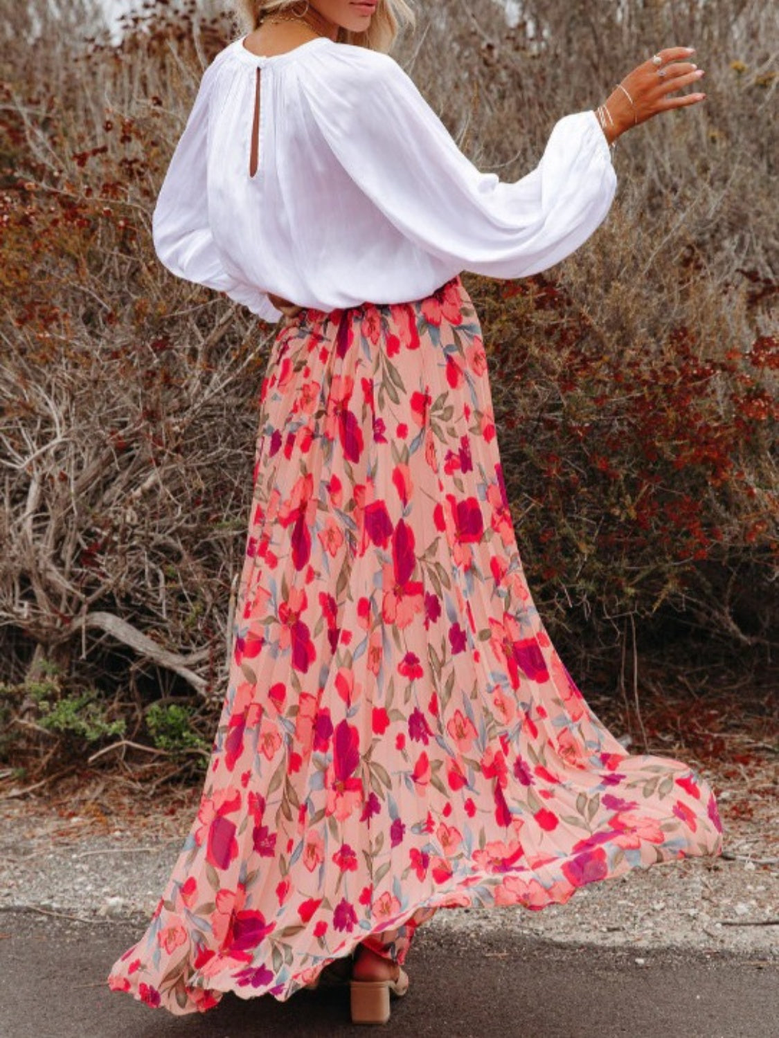 Floral Printed Elastic Waist Pleated Maxi Skirt