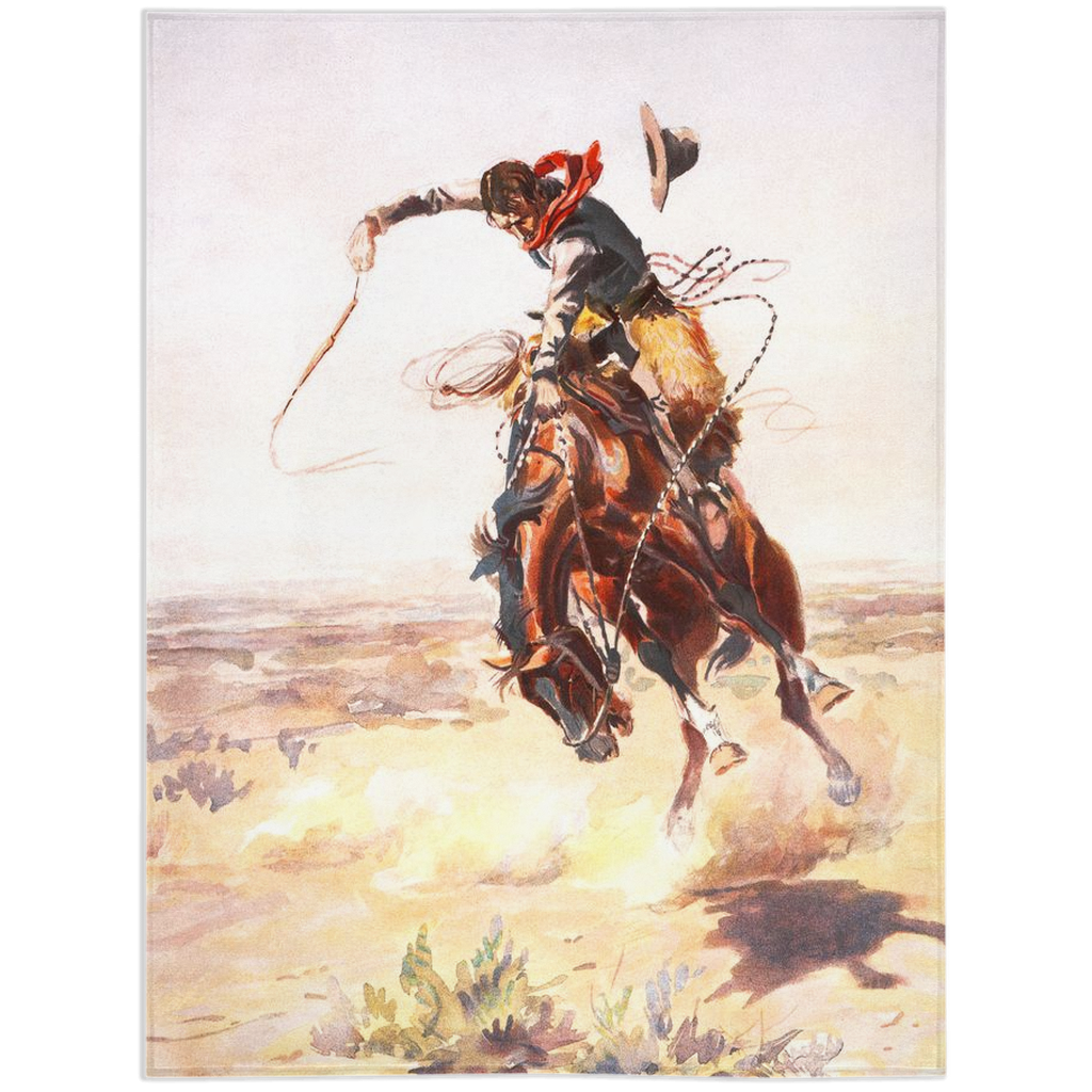VINTAGE COWBOY #2 MINKY BLANKET 60" x 80" - bedding, blanket, bronc, cowboy, graphic, rodeo, throw, throw blanket, throwblanket, vintage, western, westernscene -  - Baha Ranch Western Wear