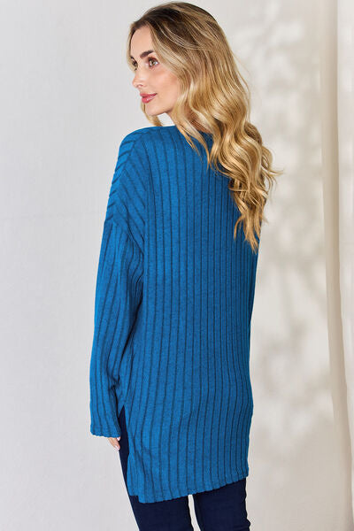 Basic Bae Full Size Ribbed Half Button Long Sleeve High-Low Tunic choice of colors