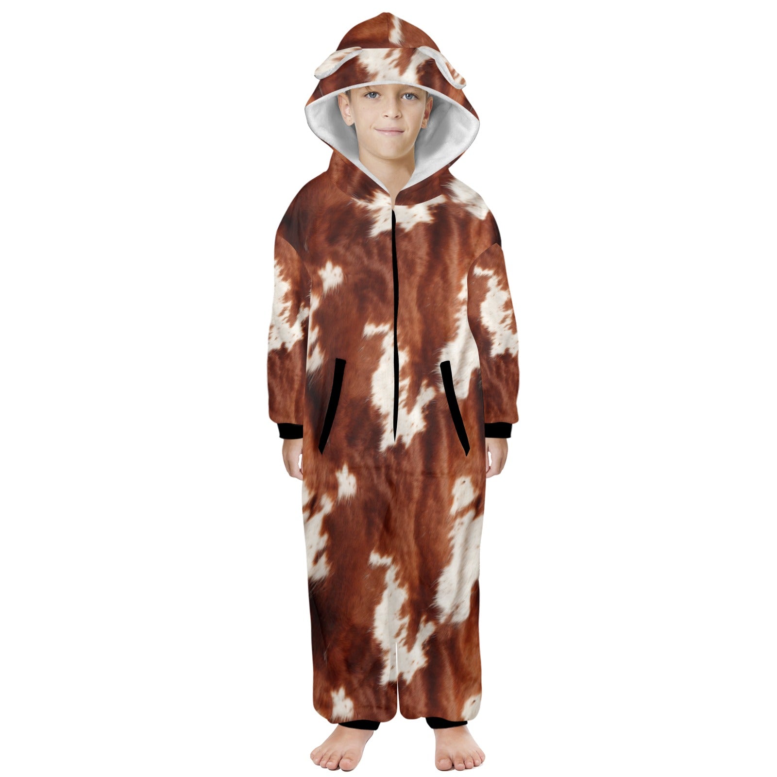 Big Kids Cow Print Pajama Hooded Onesie Baha Ranch Western Wear