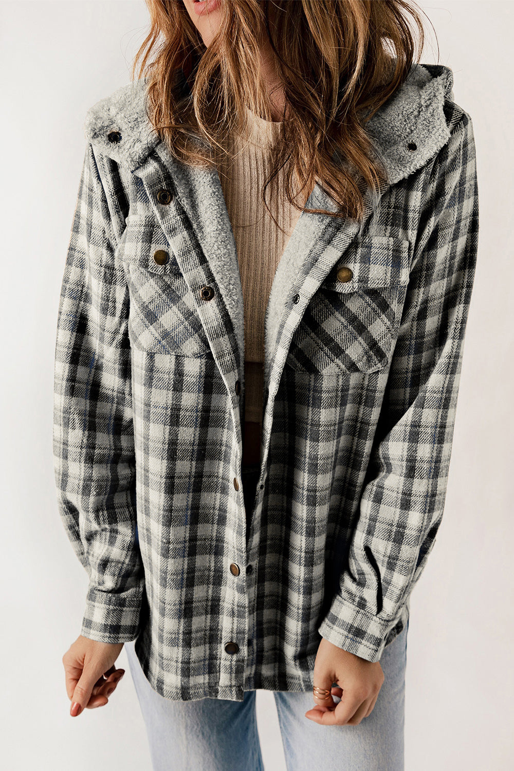 Plaid Snap Down Hooded Jacket choice of colors