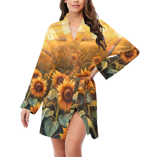 Sunflower Field Women's Long Sleeve Belted Satin Feel Dressing Lounge Robe