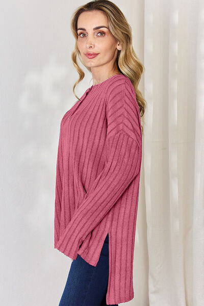 Basic Bae Full Size Ribbed Half Button Long Sleeve High-Low Tunic choice of colors