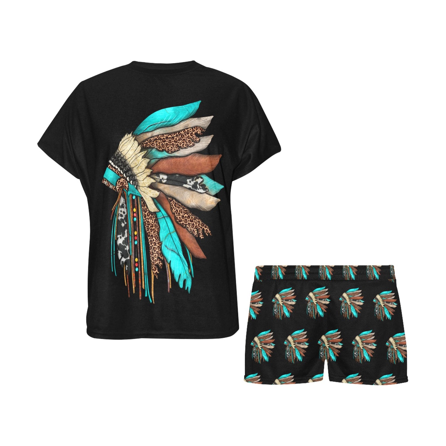 Colorful Southwestern Indian Headdress on Women's Western Short and Top Pajama Set