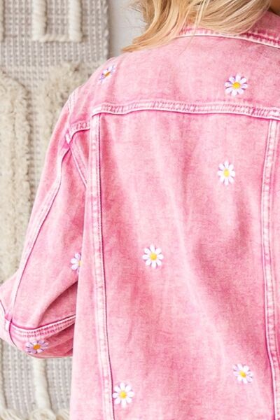 Pink Veveret Daisy Print Button Up Denim Jacket