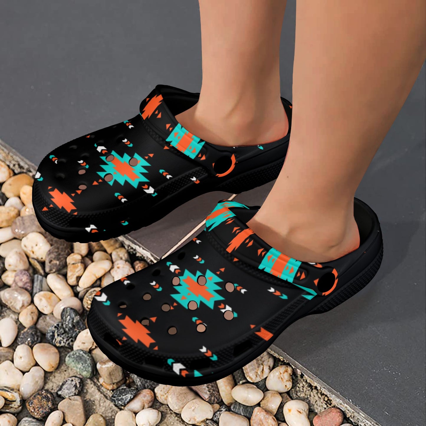 Turquoise Orange Aztec Clog Shoes