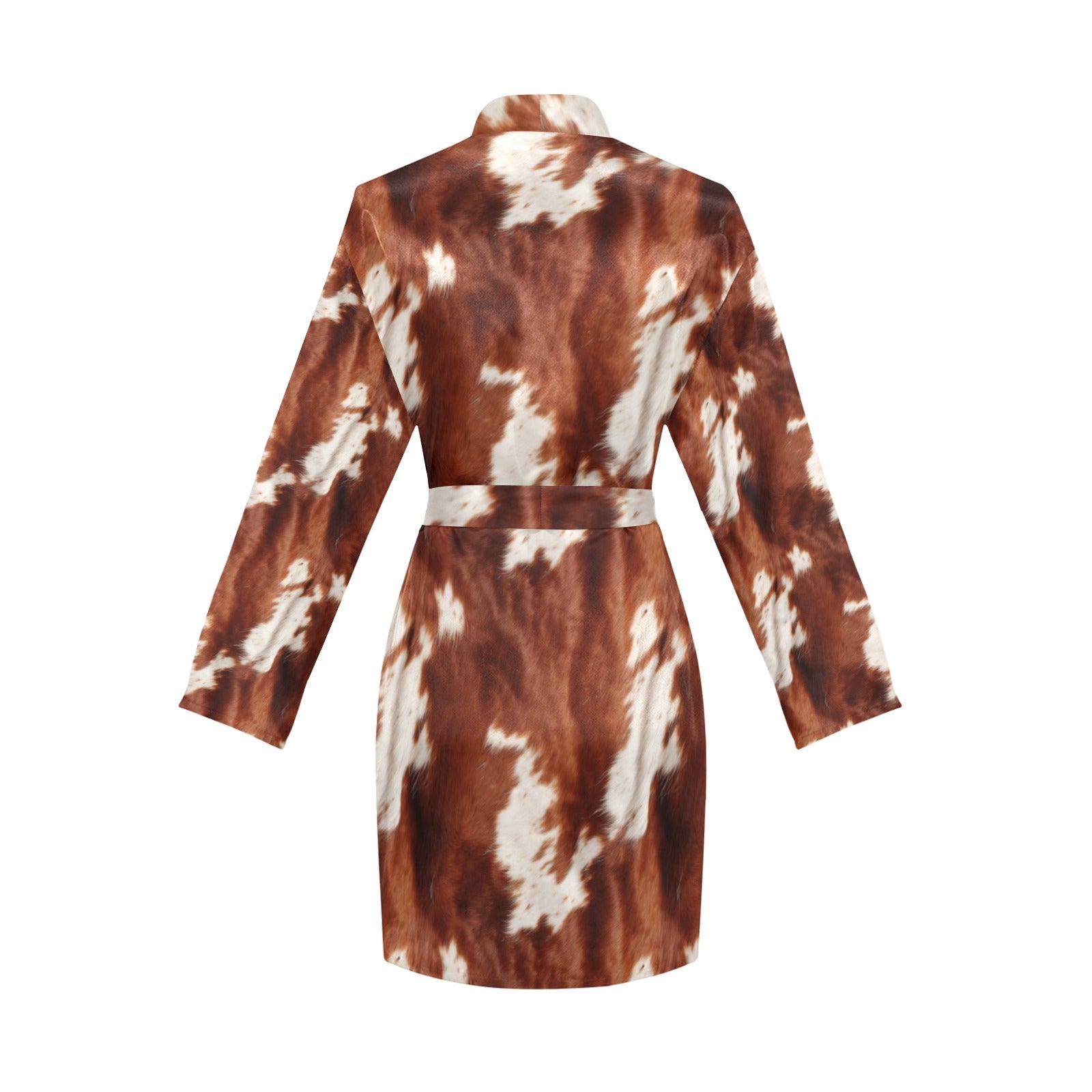 Brown Cow Print Women's Long Sleeve Belted Satin Feel Dressing Lounge Robe S Brown Cow Print Women's Long Sleeve Belted Satin Feel Dressing Lounge Robe S