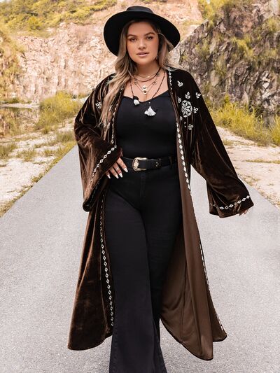 Plus Size Embroidery Velvety Open Front Long Sleeve Cardigan