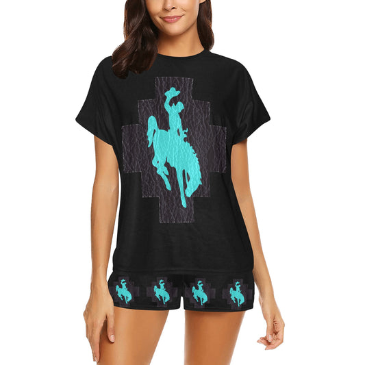 Turquoise Bronc & Leather Print Western Women's Top and Short Pajama Set