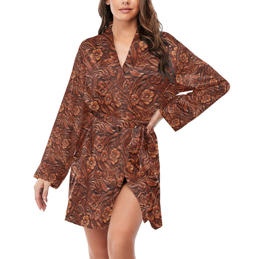 Tooled Leather Print Women's Long Sleeve Belted Satin Feel Dressing Lounge Robe