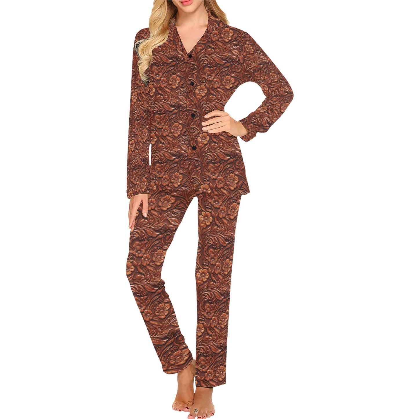 Leather Floral Print Women's Long Pajama Set