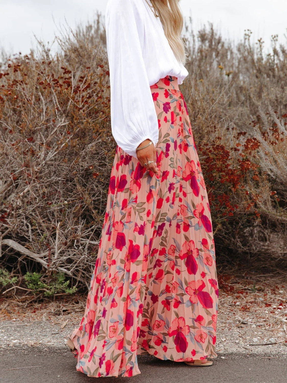Floral Printed Elastic Waist Pleated Maxi Skirt