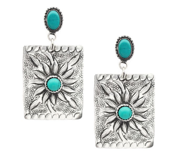 Stamped Silver tone Turquoise Concho Earrings PRE ORDER ETA 1/12/23 - concho earrings, earrings, silver tone earrings, silvertone concho earrings, silvertone earrings, western earrings -  - Baha Ranch Western Wear