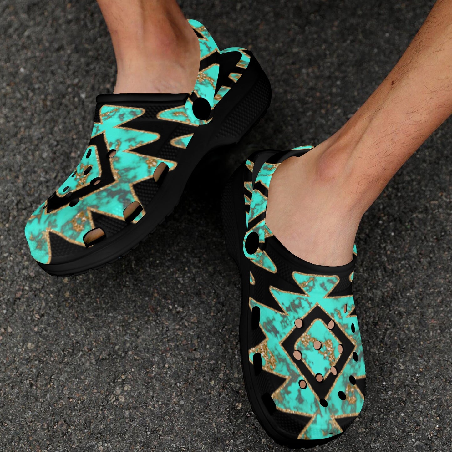 Turquoise Gold Aztec Clog Shoes