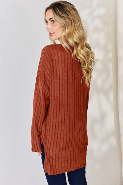 Basic Bae Full Size Ribbed Half Button Long Sleeve High-Low Tunic choice of colors