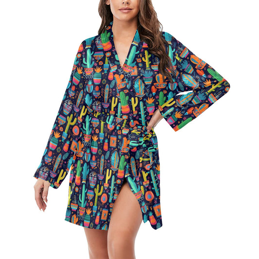 Crazy Cactus Lady Women's Long Sleeve Belted Satin Feel Dressing Lounge Robe