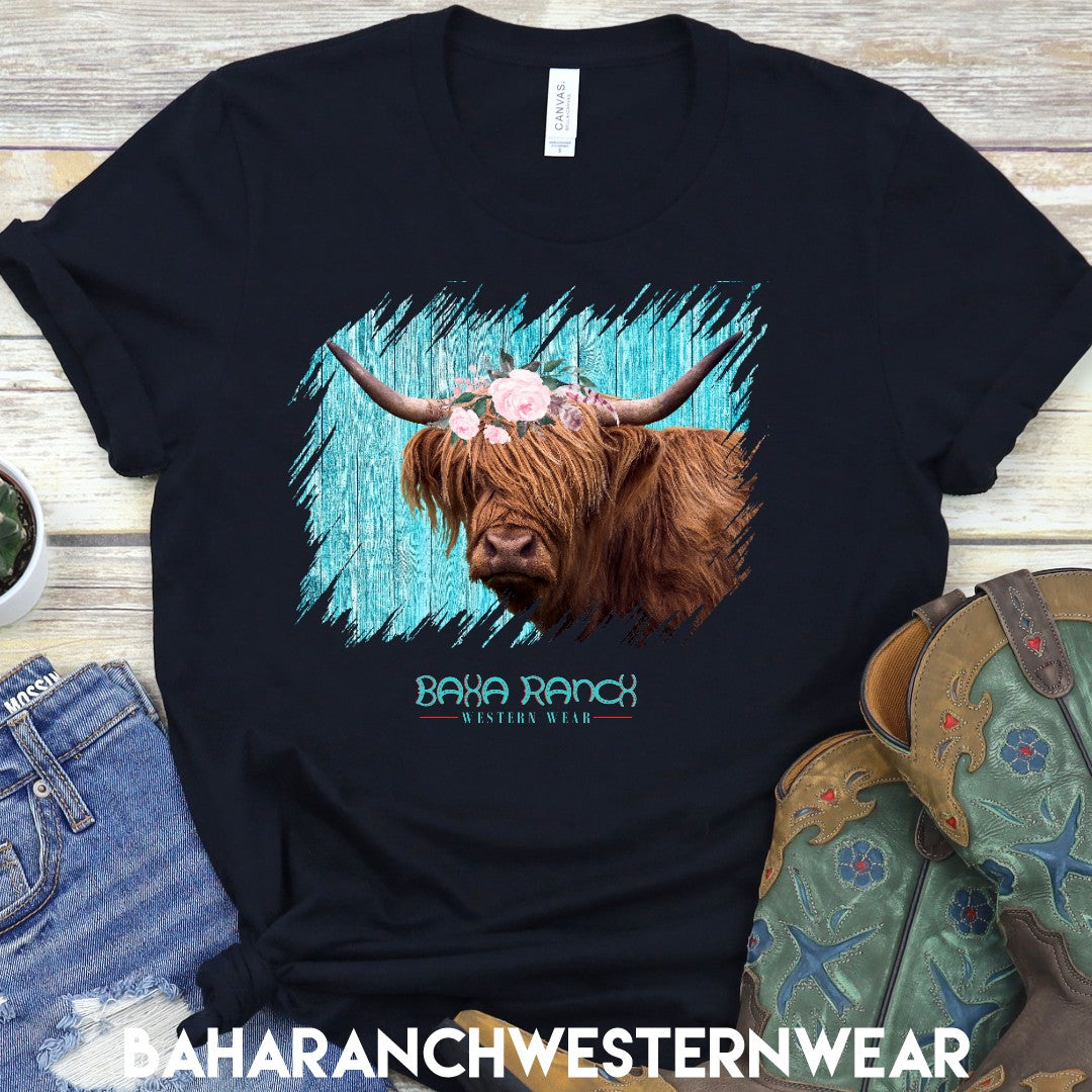 Highland Cow Tee - baha ranch, baha ranch logo, black tee, cowboy, cowgirl, floral, graphic tee, highland, highland cow, highland cows, highlandcows, highlander, highlanders, highlands, tee, tshirt, unisex, unisex fit, unisex shirt, unisex tee -  - Baha Ranch Western Wear