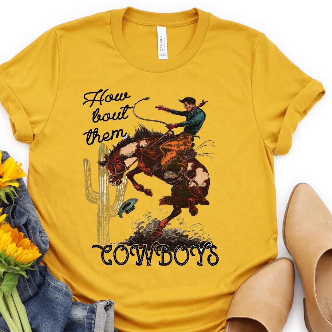 How 'Bout Them Cowboys Tee - baha ranch, bronc rider, bronco, broncos, broncrider, broncriding, broncs, cowboys, cowgirl, graphic, graphic t, graphic tee, graphic tees, how bout, how bout them cowboys, mustard, mustard tee, tee, tshirt, unisex, unisex fit, unisex shirt, unisex tee, westerngraphictee, yellow -  - Baha Ranch Western Wear
