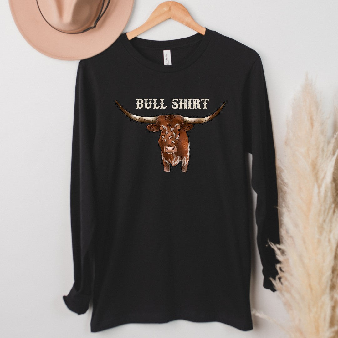 Bull Shirt Long Sleeve Tee - black long sleeve, bull, bull head, bull head tee, bull shirt, bullhead, bullheas, bullshirt, bullshit, bullshiy, long sleeve, long sleeve tee, long sleeves, longhorn, longhorn bull, longhorn cow, southwestern, tee, unisex, unisex fit, unisex shirt, unisex tee, western -  - Baha Ranch Western Wear