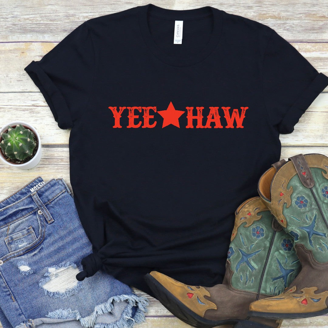 Yeehaw Tee - black, black and red, black graphic tee, black tee, graphic, graphic t, graphic tee, graphic tees, tee, tee shirt, tshirt, tshirts, unisex, unisex fit, unisex shirt, unisex tee, western graphic, westerngraphictee, yee haw, yeehaw, yeehaw print -  - Baha Ranch Western Wear