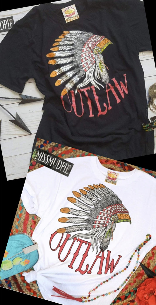 Outlaw Indian Headdress Tee - Choice of Color - graphic, headdress, indian, outlaw, rodeo, southwestern, tee, to, western -  - Baha Ranch Western Wear