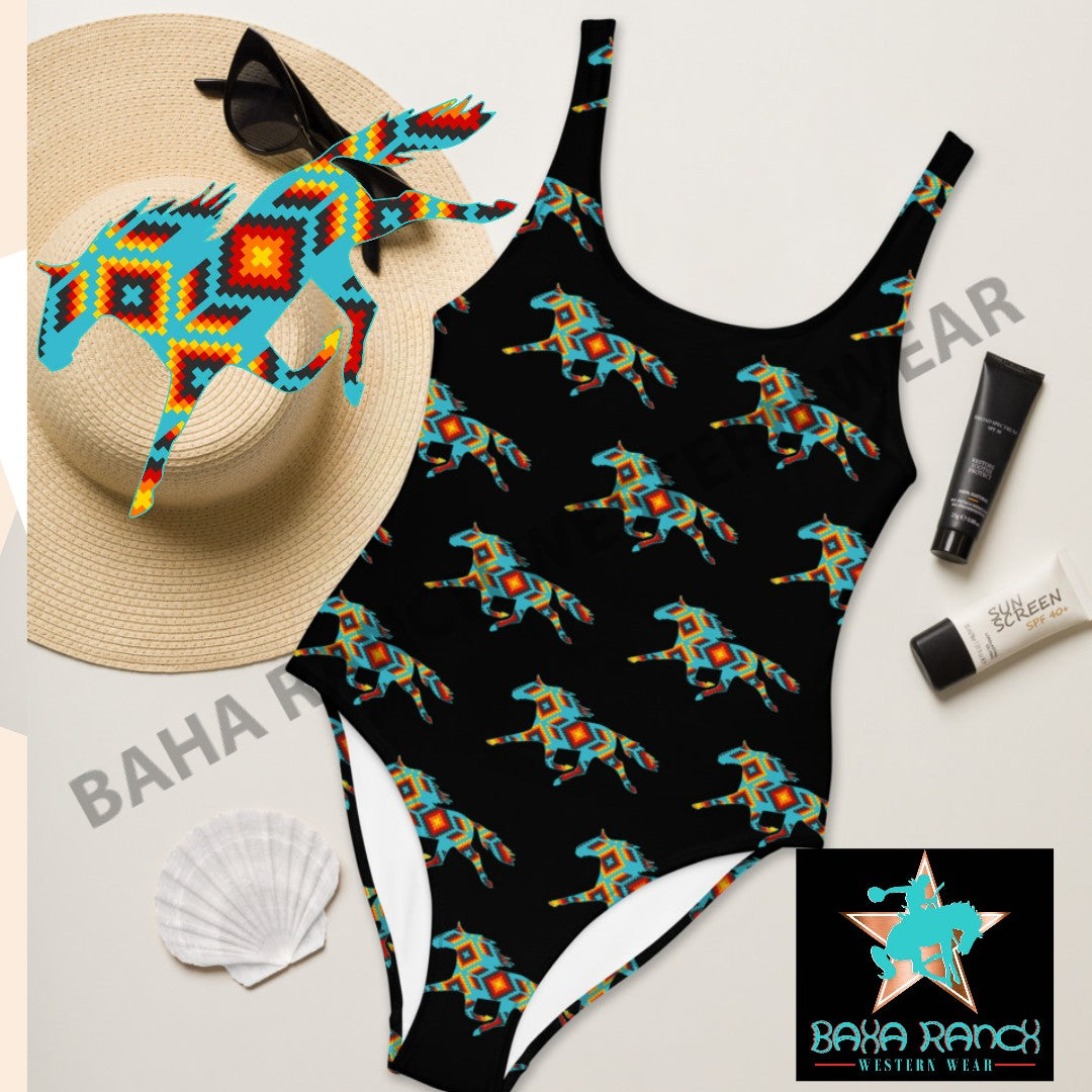 Yeehaw Aztec Horse One Piece Swimsuit - #op, beach, one piece, onepiece, swim wear, swimming, swimsuit -  - Baha Ranch Western Wear