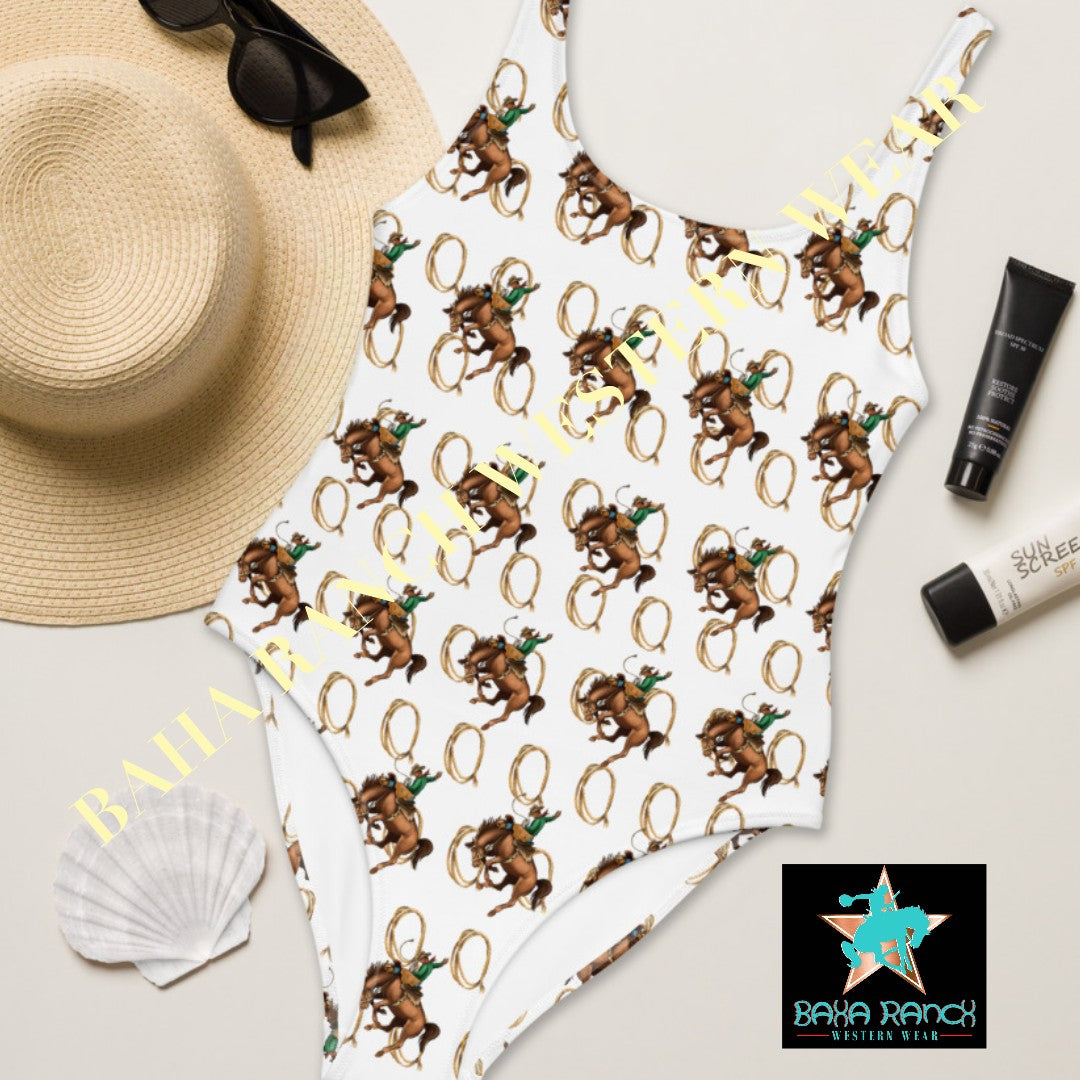 Yeehaw Rope & Ride One-Piece Swimsuit - #swimming, #swimsuit, beach, bronc, one piece, ride, rope, rope & ride -  - Baha Ranch Western Wear