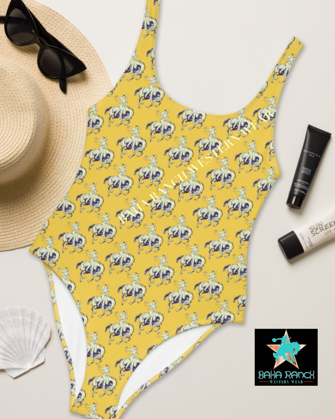 Yeehaw Vintage Bronc Buster One-Piece Swimsuit - #beach, #one-piece, #onepiece, #op, #swim, #swimming, #swimsuit, beaches, bronc, bronc buster, pool, swimsui, vintage -  - Baha Ranch Western Wear