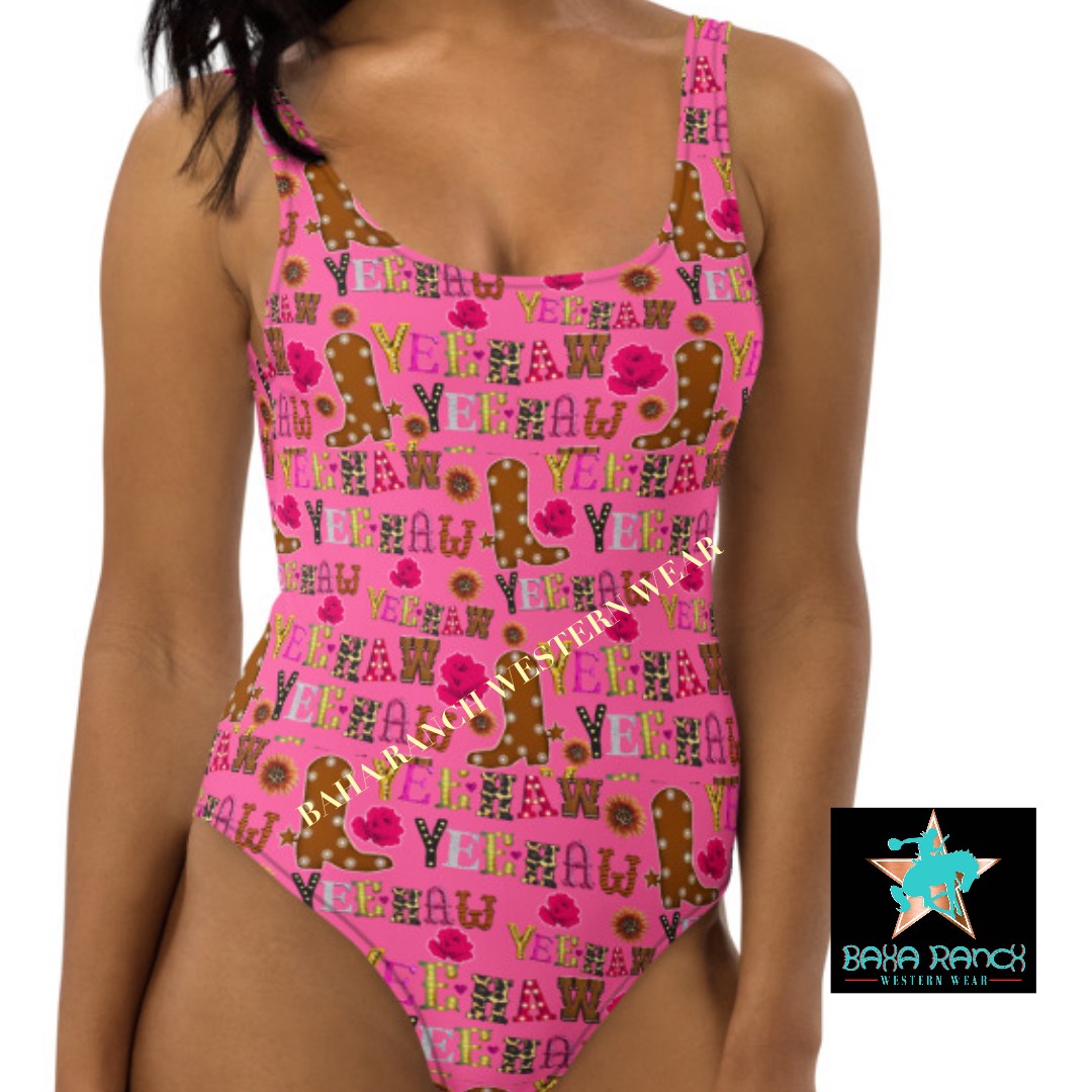 Yeehaw Pink Yeehaw One-Piece Swimsuit - beach, beachese, pink, swim, swim suit, swimming, swimsuit, yee haw, yeehaw -  - Baha Ranch Western Wear