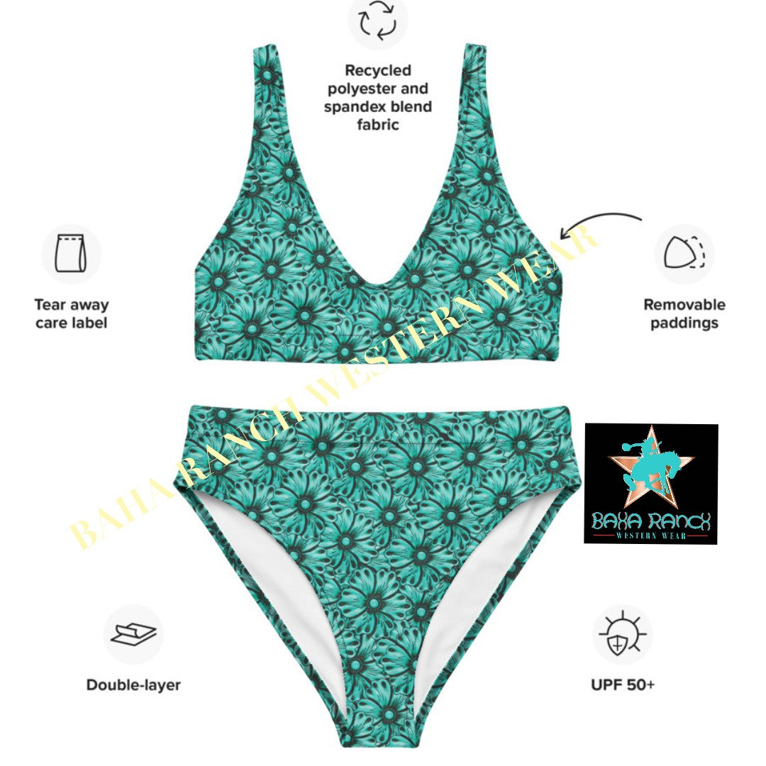 Yeehaw Turquoise Floral Leather Print Bikini | Baha Ranch Western Wear