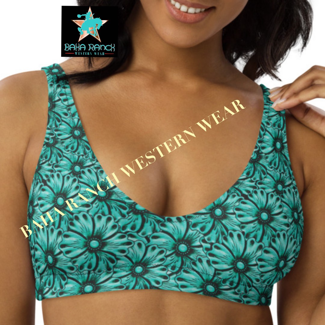 READY TO SHIP YEEHAW TURQUOISE FLORAL LEATHER PRINT BIKINI TOP SIZE SMALL - bronc, bronc rider, broncrider, broncriding, CACTUS, cowboy, cowgirl, desert, desert graphic, desert print, desert scene, floral, floral leather, floral print, retro, retro cowboy, retro print, SUNSET, turquoise, VINTAGE, yee haw, yee haw bikini, yeehaw, yeehaw print, yeehaw swimsuit, yeehawbikini -  - Baha Ranch Western Wear