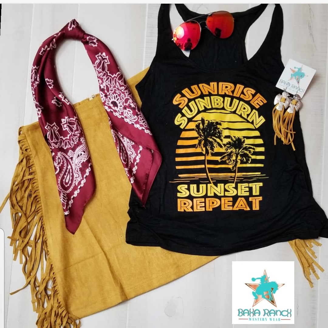 Sunrise Sunburn Sunset Repeat Tank - and, ATTITUDE, COUNTRY, countrystrong, COWGIRL, drinking, flag, GIRL, HOWDY, lips, love, moonshine, music, patriotic, peace, PLUS, rock, rocker, RODEO, roll, shine, SIZE, strong, SUMMER, TANK, TOP, WESTERN - Shirts & Tops - Baha Ranch Western Wear