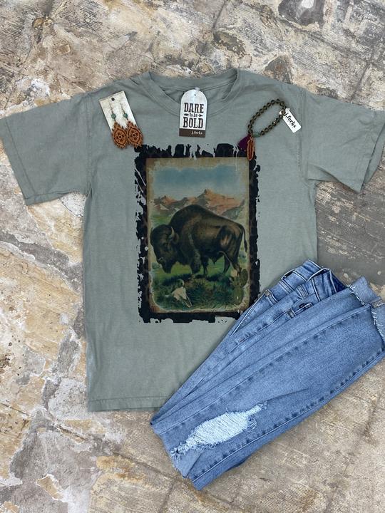 Vintage  Buffalo Tee - #cactus, christian, cowgirl, cross, graphic, rodeo, scripture, shirt, shirts, southwestern, sunshine, t, tee, tees, tipi, turquoise, western, wild -  - Baha Ranch Western Wear