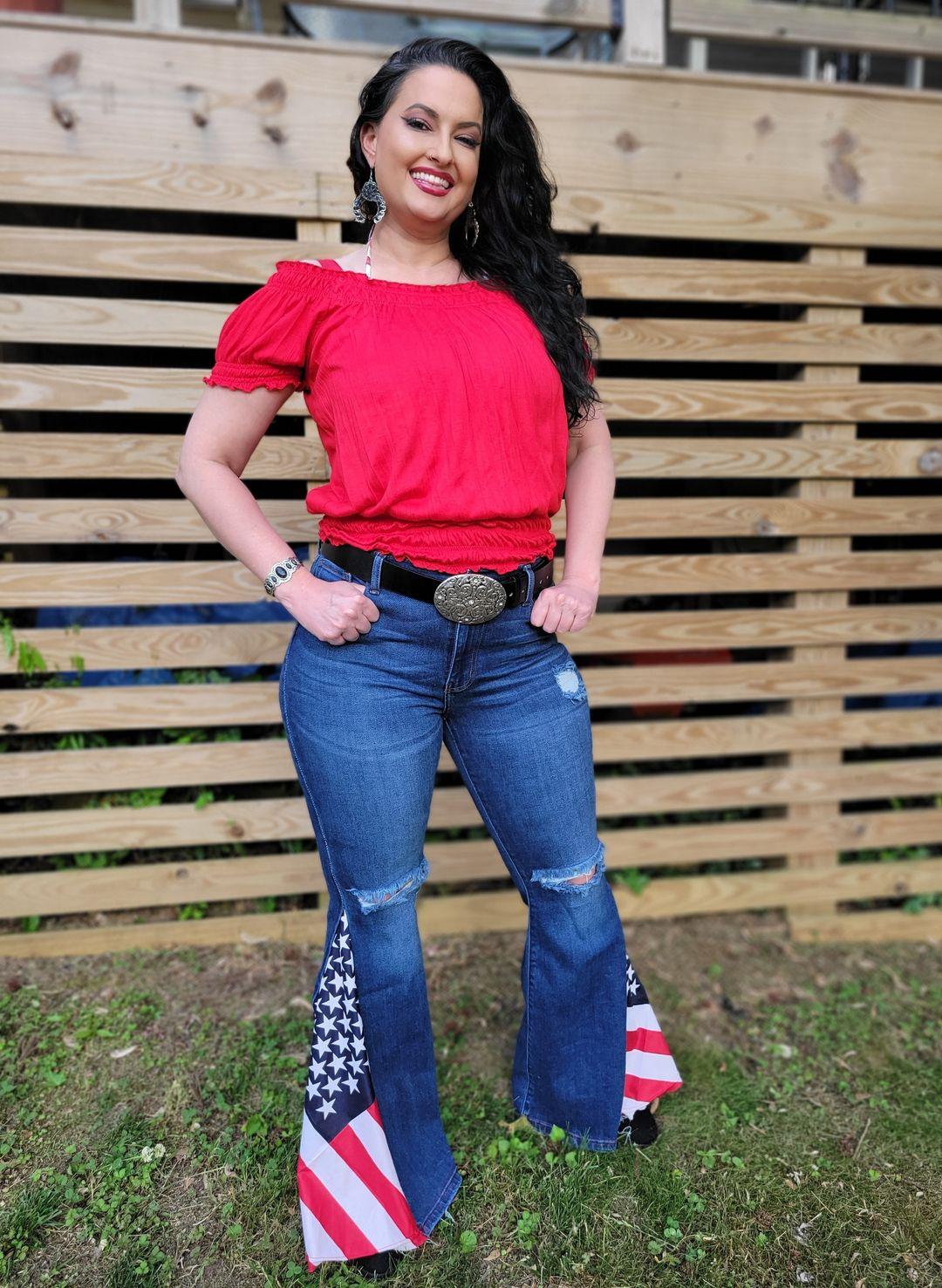 Made in America Distressed Stars & Stripes Flare Jeans  33-34" inseam - american, americanflag, bell, bells, bottom, botttoms, cowgirl, distressed, flag, flared, flaredjeans, flares, jeans, nfr, patriot, patriotic, PATRIOTICFASHION, patriotism, ripped, rodeo -  - Baha Ranch Western Wear