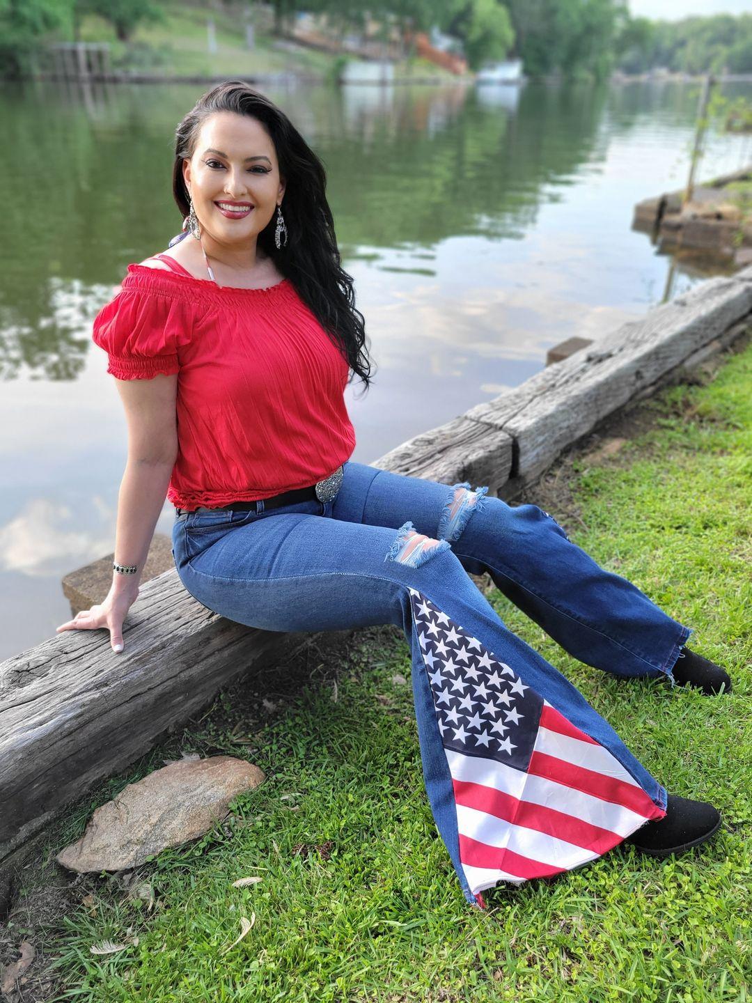 Made in America Distressed Stars & Stripes Flare Jeans  33-34" inseam - american, americanflag, bell, bells, bottom, botttoms, cowgirl, distressed, flag, flared, flaredjeans, flares, jeans, nfr, patriot, patriotic, PATRIOTICFASHION, patriotism, ripped, rodeo -  - Baha Ranch Western Wear