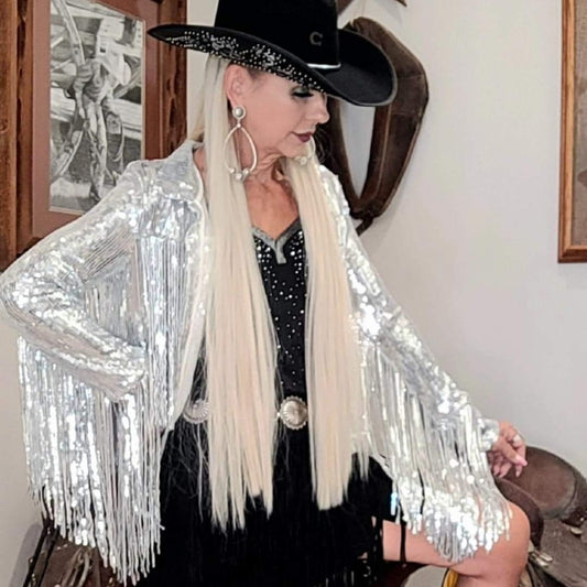 Vegas Strip Silver Sequin Fringe Jacket - #wholesaleclo, FRINGE, HOLIDAY, JACKET, NFR, SEQUIN, SEQUINS, SPARKLY -  - Baha Ranch Western Wear