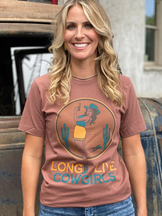 2581 LONG LIVE COWGIRLS TEE - and, black, bronc, bucking, cowgirl, cowgirl style, desert, desert graphic, graphic, retro, rodeo, rodeoshirt, shirt, shirts, southwestern, t, tee, tees, usa, vintage, western, white - Shirts & Tops - Baha Ranch Western Wear