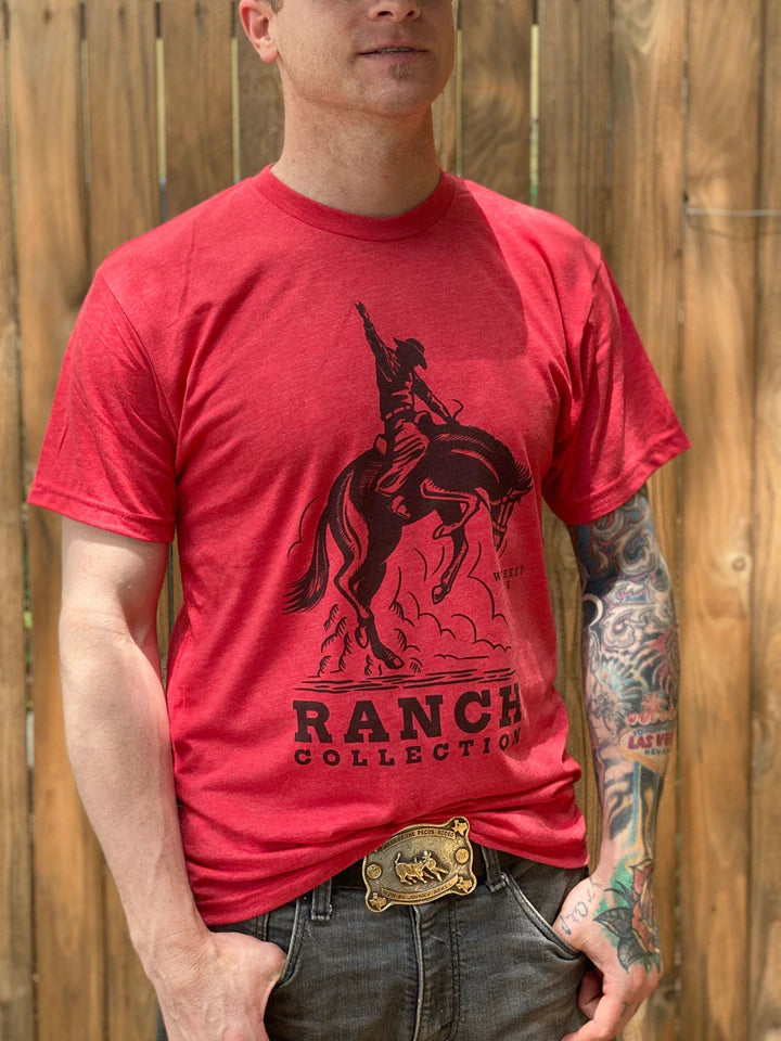 WJ1009 WHISKEY J'S RANCH BRONC RIDER TEE - bronc, bronc rider, bronco, broncrider, broncriding, buffalo design, buffalo head, buffalo print, buffalo skull, bulldogger, cowgirl, graphic, patriotic, PATRIOTICFASHION, rodeo, rodeo cowboy, rodeo nights, rodeo print, rodeo style, rodeo tee, rodeoshirt, shirt, shirts, steer, t, tee, tees, western, wild, wrestling - Shirts & Tops - Baha Ranch Western Wear