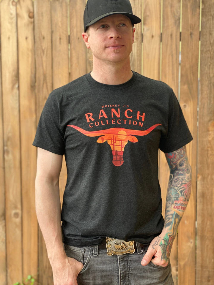 WJ1004 WHISKEY J'S RANCH SUNSET LONGHORN TEE - buffalo, buffalo skull, bulldogger, cowboy, cowgirl, graphic, rodeo, shirt, shirts, steer, t, tee, tees, western, wild, wrestling - Shirts & Tops - Baha Ranch Western Wear