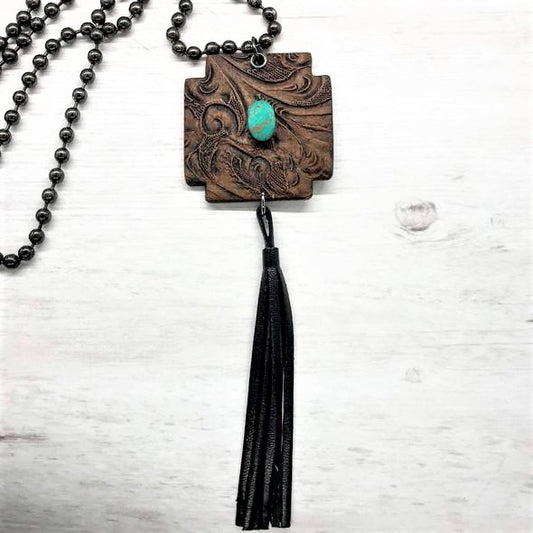 Necklace Saddle Brown with Tassel - artisan, artisan crafted, artisancrafted, clay, clayjewelry, leatherlook, made in the usa, MADEINUSA, madeinusajewelry, necklace, pendant, Printed in USA, tassel, usa, usa artisan, usa artisans, usa artist, usa made, usaartisan, usaartist, USAMADE, usartisan, veganjewelry -  - Baha Ranch Western Wear