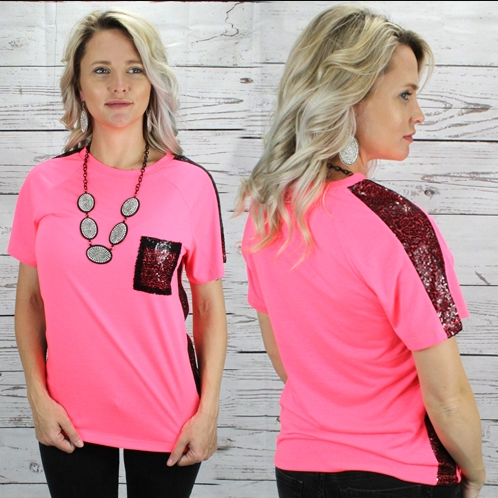 Neon Tee with sequin detail - hot pink, neon, pink, pink tee, pocket, polyester, sequin, sequin detail, sequins, shirt, summer, summer style, tee -  - Baha Ranch Western Wear