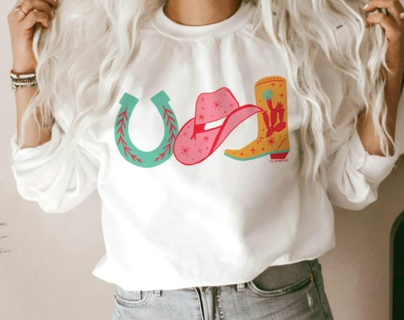 All Cowgirl Sweatshirt - boot, boots, cowboy hat, cowgirl, cowgirl hat, horseshoe, horseshoes, southwestern, sweat shirt, sweater, sweatshir, sweatshirt, western, white, white sweatshirt -  - Baha Ranch Western Wear