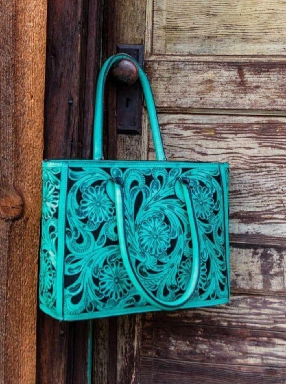 Tooled Leather Tote - Choice of Colors - bag, black, floral, handbag, leather, made in the usa, madeintheusa, MADEINUSA, Printed in USA, purse, red, tan, tooled, tooledleather, tote, turquoise, usa, usa artisan, usa artist, usa made, usaartisan, usaartist, USAMADE, western -  - Baha Ranch Western Wear