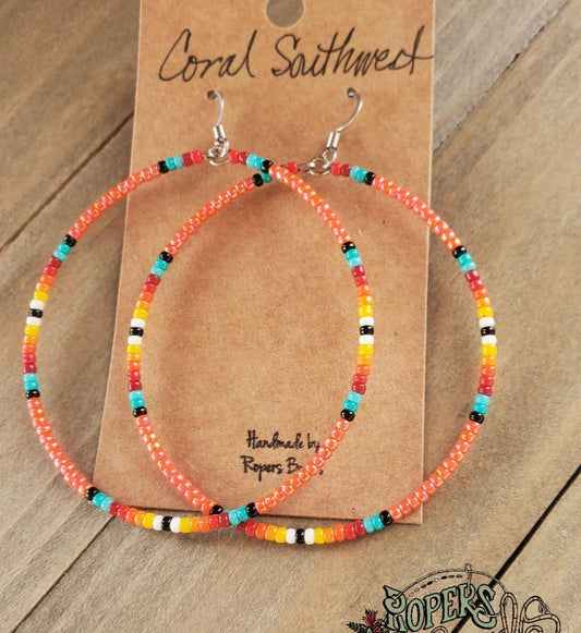 Coral Southwest Large Hoop Earrings - beaded, beads, earrings, hoop, hoops, jewelry, native, southwestern -  - Baha Ranch Western Wear