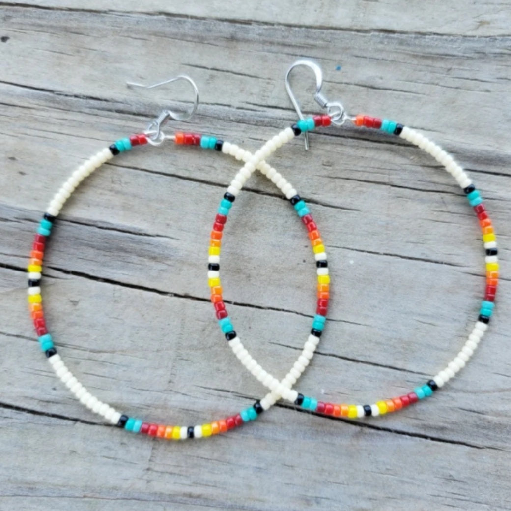 White Southwest Large Hoop Earrings - beaded, beads, earrings, hoop, hoops, jewelry, native, southwestern -  - Baha Ranch Western Wear