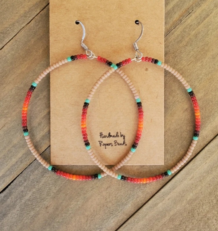 Mocha Fire Large Hoop Earrings - beaded, beads, earrings, hoop, hoops, jewelry, native, southwestern -  - Baha Ranch Western Wear