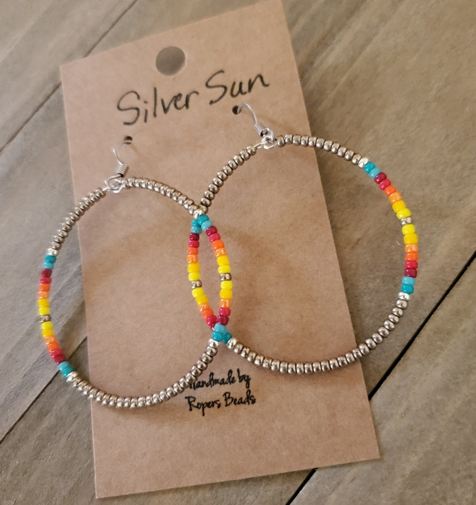 Silver Sun Hoop Earrings Choice of Sizes - beaded, beads, earrings, hoop, hoops, jewelry, native, southwestern -  - Baha Ranch Western Wear